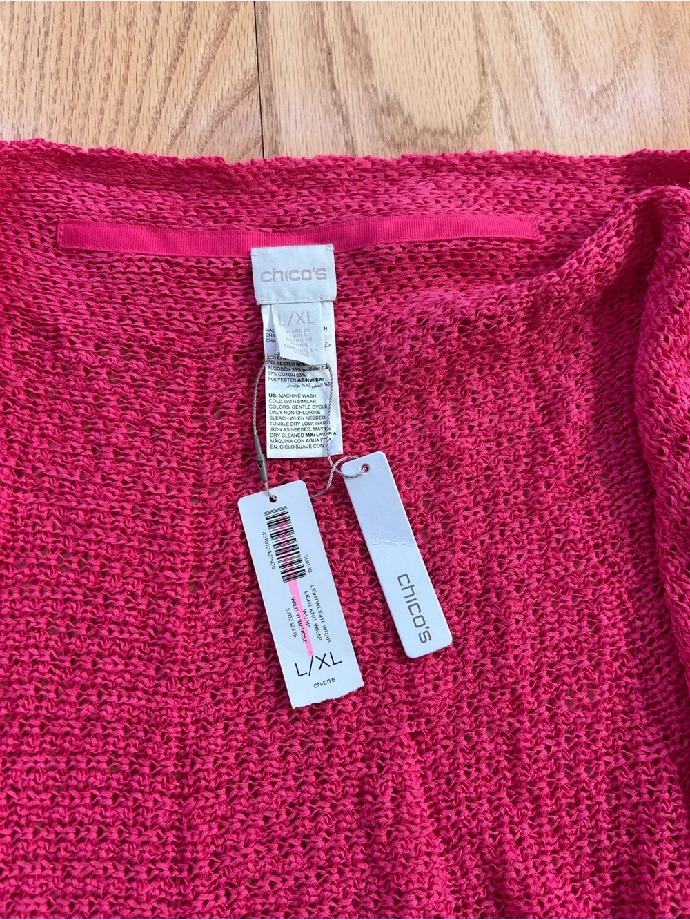 NWT Chico's Wild Rose Pink Open-Knit Lightweight Wrap Sweater L/XL Cardigan